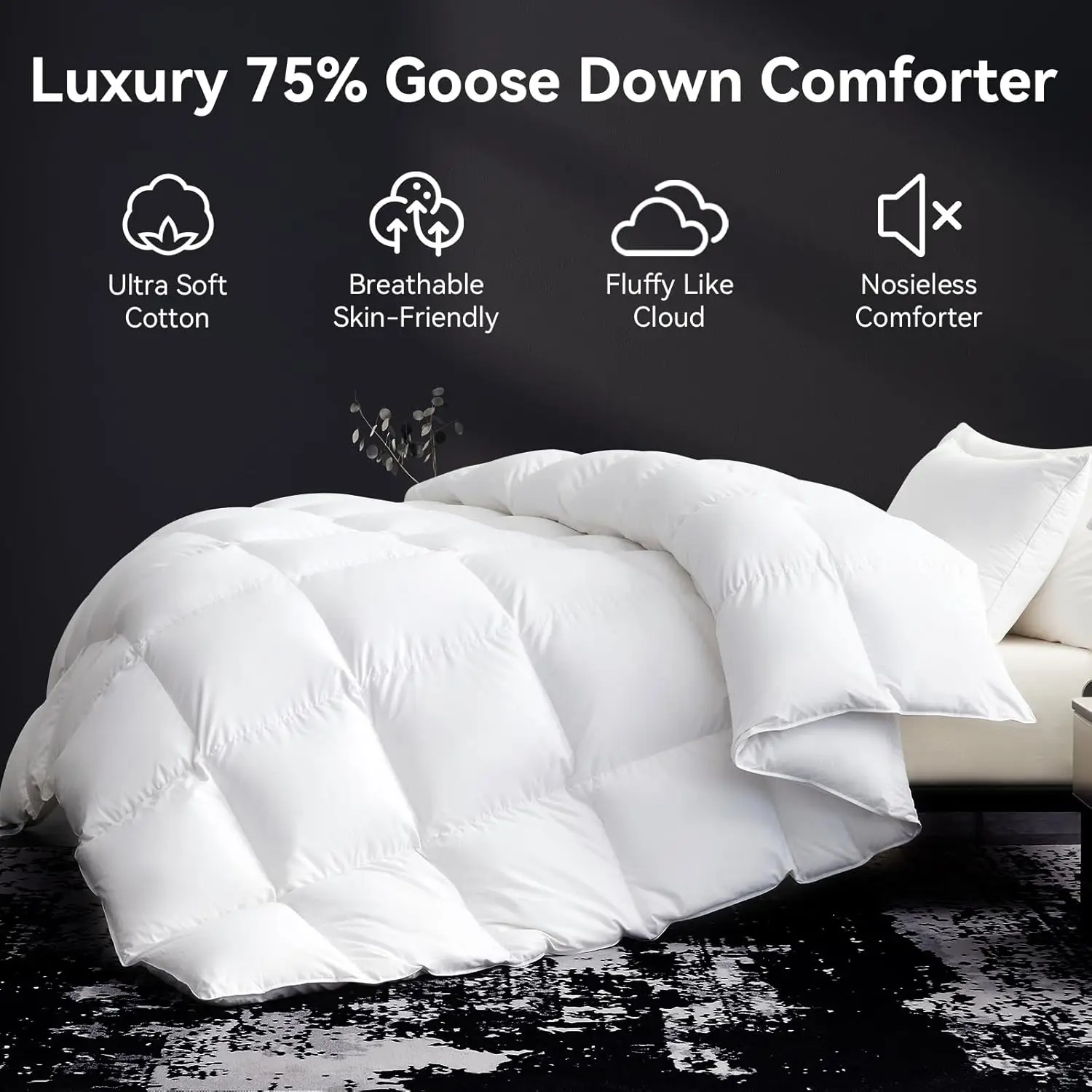 75% Goose Down Fiber Comforter King Size, 850+ Fill Power Hotel Style Bedding Comforter, 1200TC, Fluffy Ultra Soft All Season