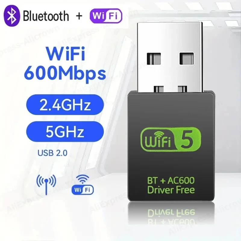 2in1 USB WiFi Bluetooth Wireless Adapter 600Mbps Dongle Dual Band 2.4G+5GHz High-Speed Network Card 150M Receiver For PC Laptop