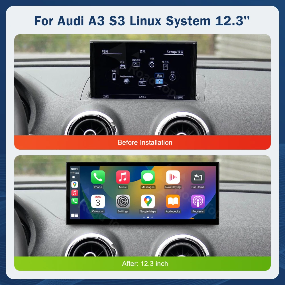 شاشة 12.3 بوصة تعمل باللمس شاشة الوسائط المتعددة لأودي A3 2014-2019 Airplay Miracast وظيفة لاسلكية Carplay أندرويد السيارات