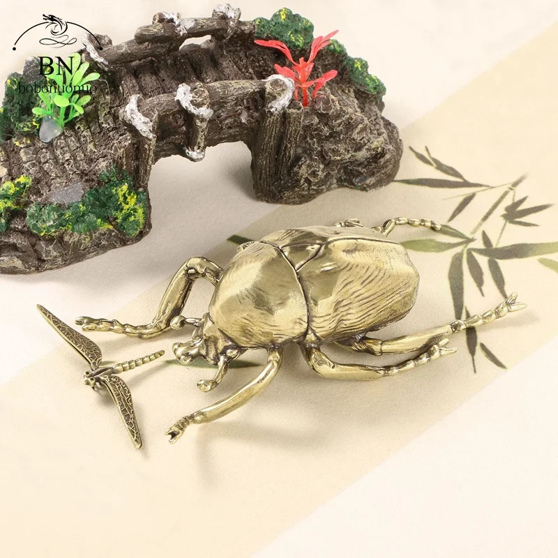 Antique Bronze Beetles Big Figurine  Desk Decorations Vintage Copper Insect Tea Pets Ornaments Home Decor Accessories