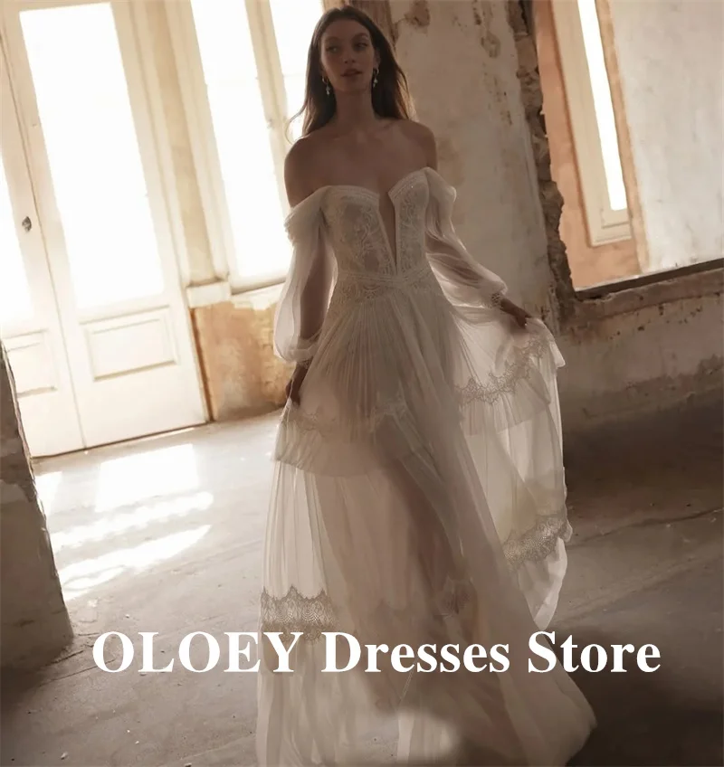 OLOEY Customized Boho Lace Tulle Wedding Dress 2026 Off the Shoulder Removable sleeves Tiered Applique Elegant Vestidos De Novia