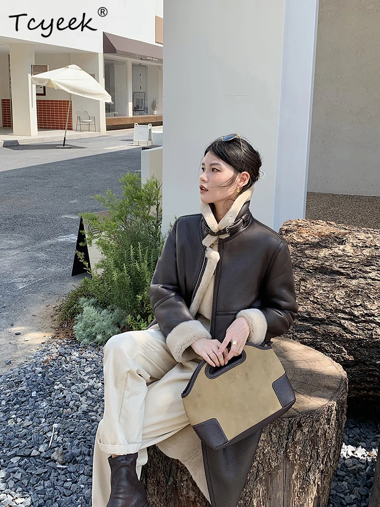 Tcyeek Real Wool Autumn Winter High End Trendy Square Collar Tie Medium Length Women's Wool Shearling Fur Coat Fourrures Femme