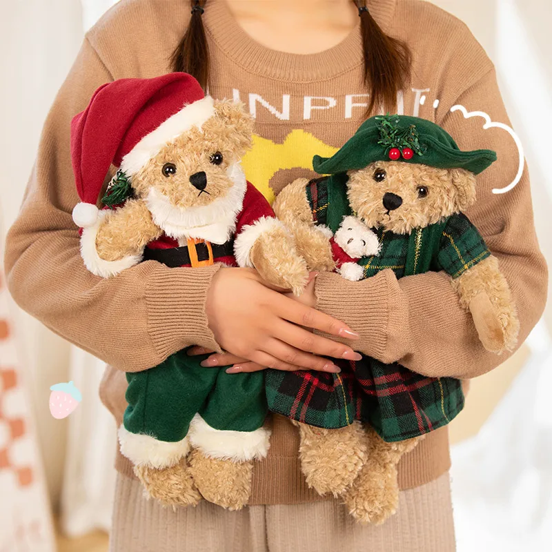 2pcs Christmas Couple Teddy Bear Plush Doll Set Xmas Costume Stuffed Bear Home Holiday Tabletop Decor Soft Festive Ornament