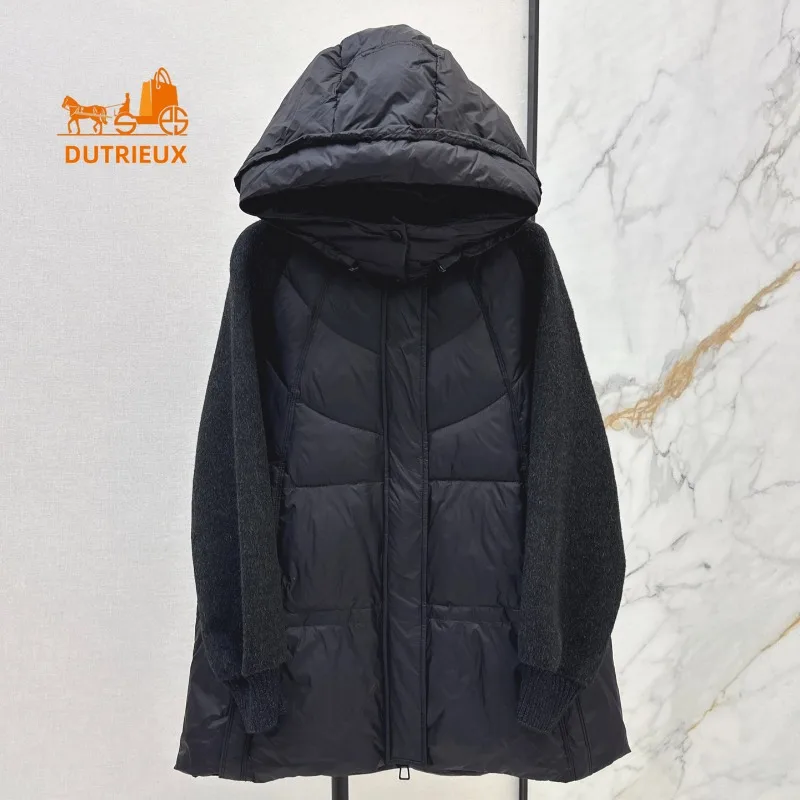 2024 Winter New Coat for Women, Simple and Elegant Splicing Cashmere Hooded Mid-length Down Jacket Top, Loose Version for Warmth