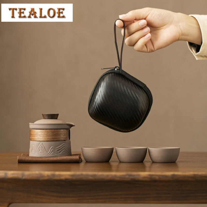 

Chinese Style Purple Sand Portable Quick Cup One Pot Fills Three Cups Travel Tea Set Suit Outdoor Teapot Storage Bag