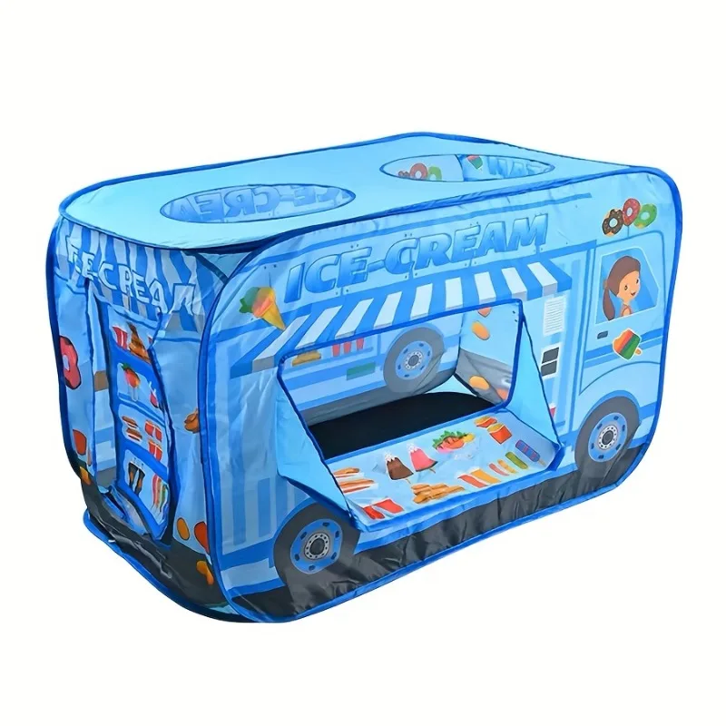 Tente de jeu voiture de crème glacée bleue Pop up 3 ouvertures maison de jeu pour enfants camion à desserts bleu salle de jeu à thème adaptée à l'intérieur et à l'extérieur