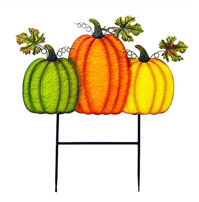 Fall Leaves Harvest Country Farm House Metal Pumpkin Stake Decor