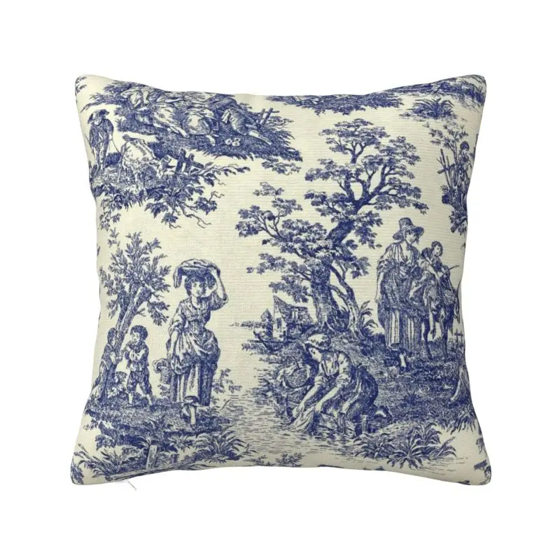 

Custom Toile De Jouy Square Pillow Cover Home Decor Navy Blue Motif Cushions Throw Pillow for Living Room Double-sided Printing