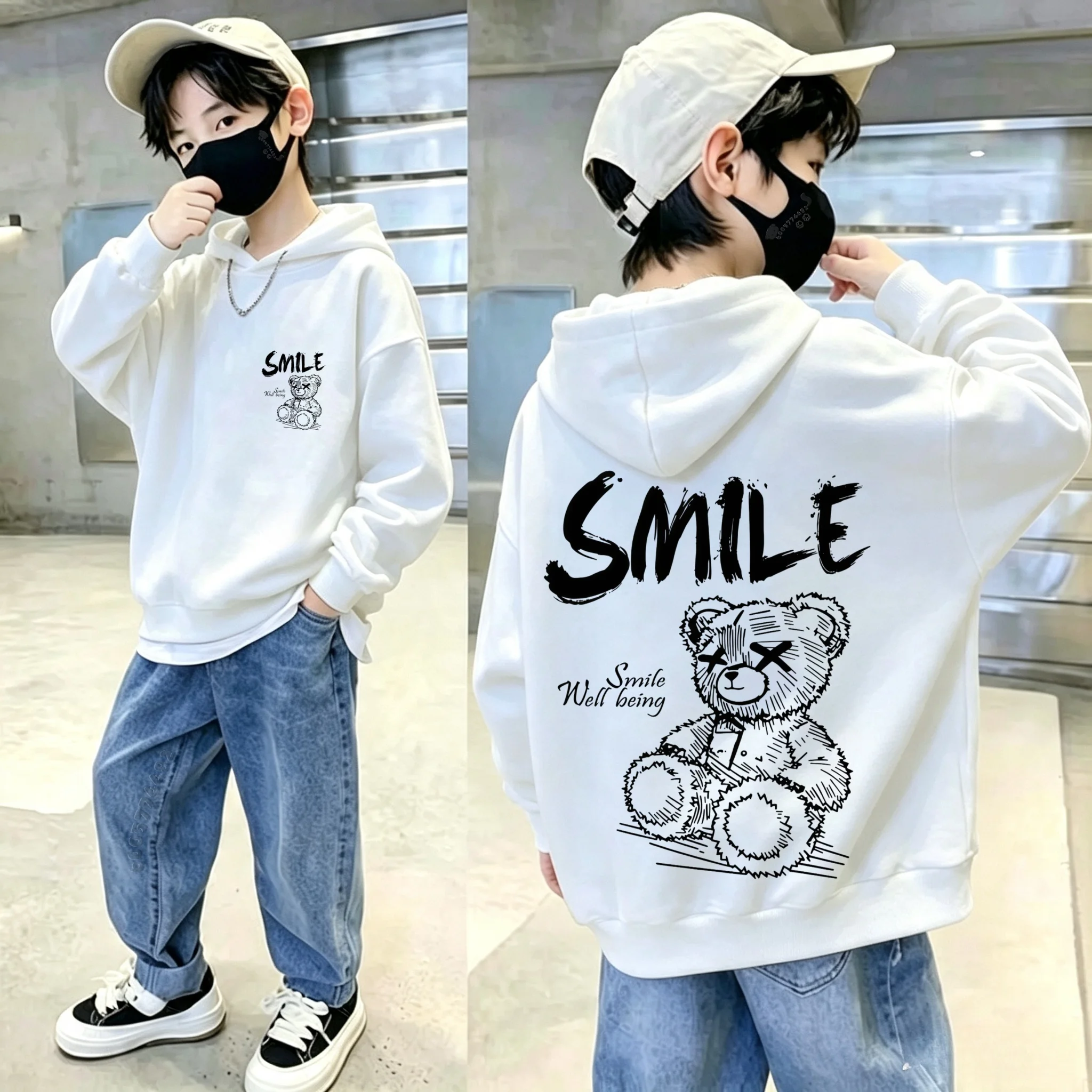 Latest Winter-Spring Children's Hooded Sweatshirt with Hand-Drawn Sketch of Cute Bear and Letter Print Long-Sleeved Hooded Shirt