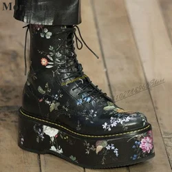Black Thick Soled Flower Print Cross Tied Boots Flat With Women Shoes Back Zipper Round Toe 2024 Fashion Zapatos Para Mujere