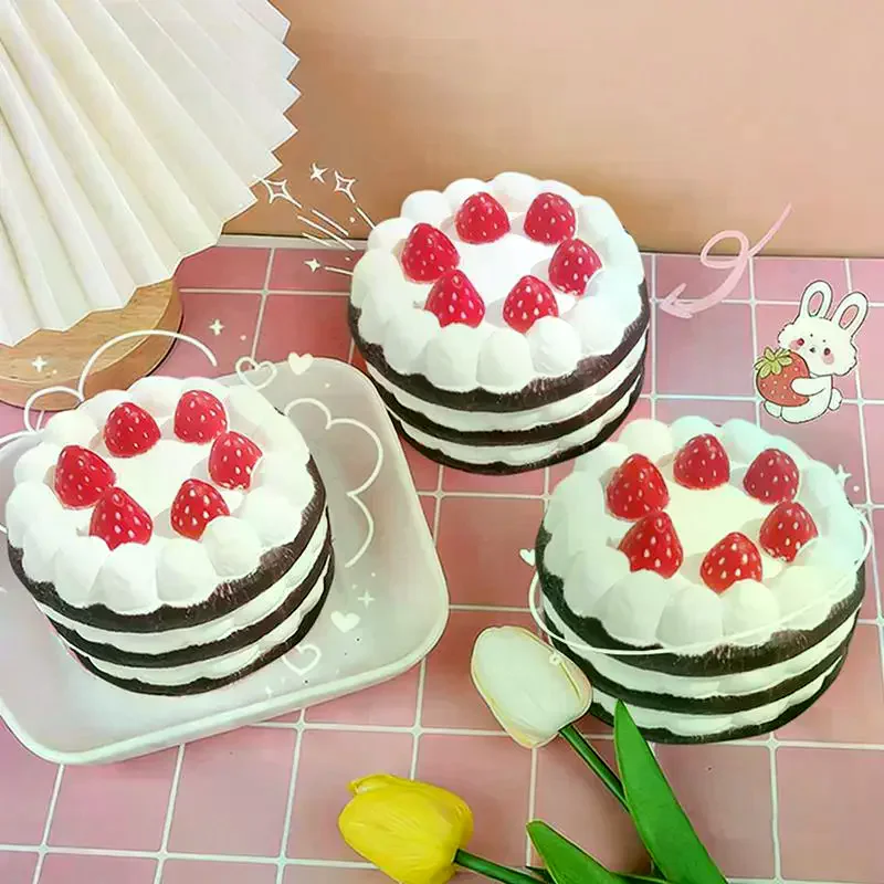 Kawaii Simulation Strawberry Birthday Cake Pressable Toy Soft Pressure Toy Food-Related Cake Press Toy For Kids