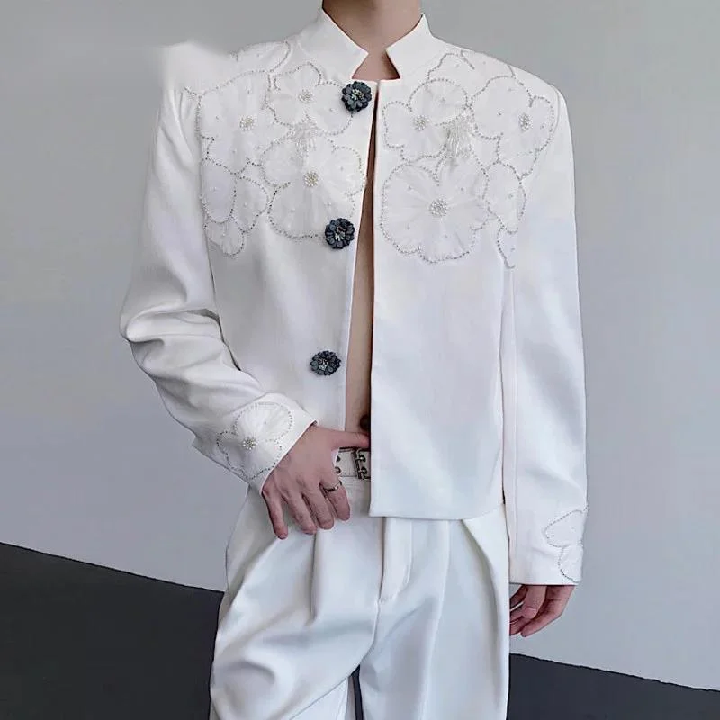 New Stylish Men's Suit Jackets Stand Collar Mesh Flowers Embroidery Pearl Decoration Single Breasted Loose Male Coats 9F3GT