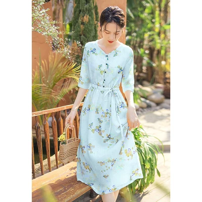 Ele marchio giapponese artistico a cinque quarti Sve stampato ingombrante in vita estivo Midi Dr coreano Sle vita ampia