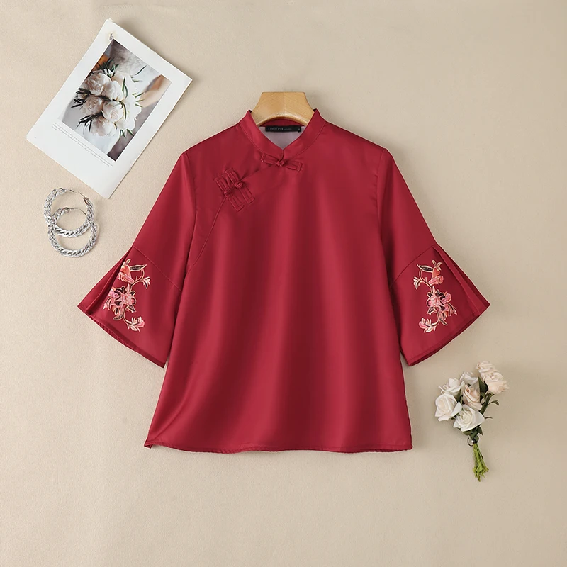 ZANZEA Chinesischer Stil Vintage Damenbluse, elegantes Arbeitshemd mit Stehkragen und 3/4-Ärmeln, bedruckte Oberteile mit Knöpfen, Blusas – Detail 11