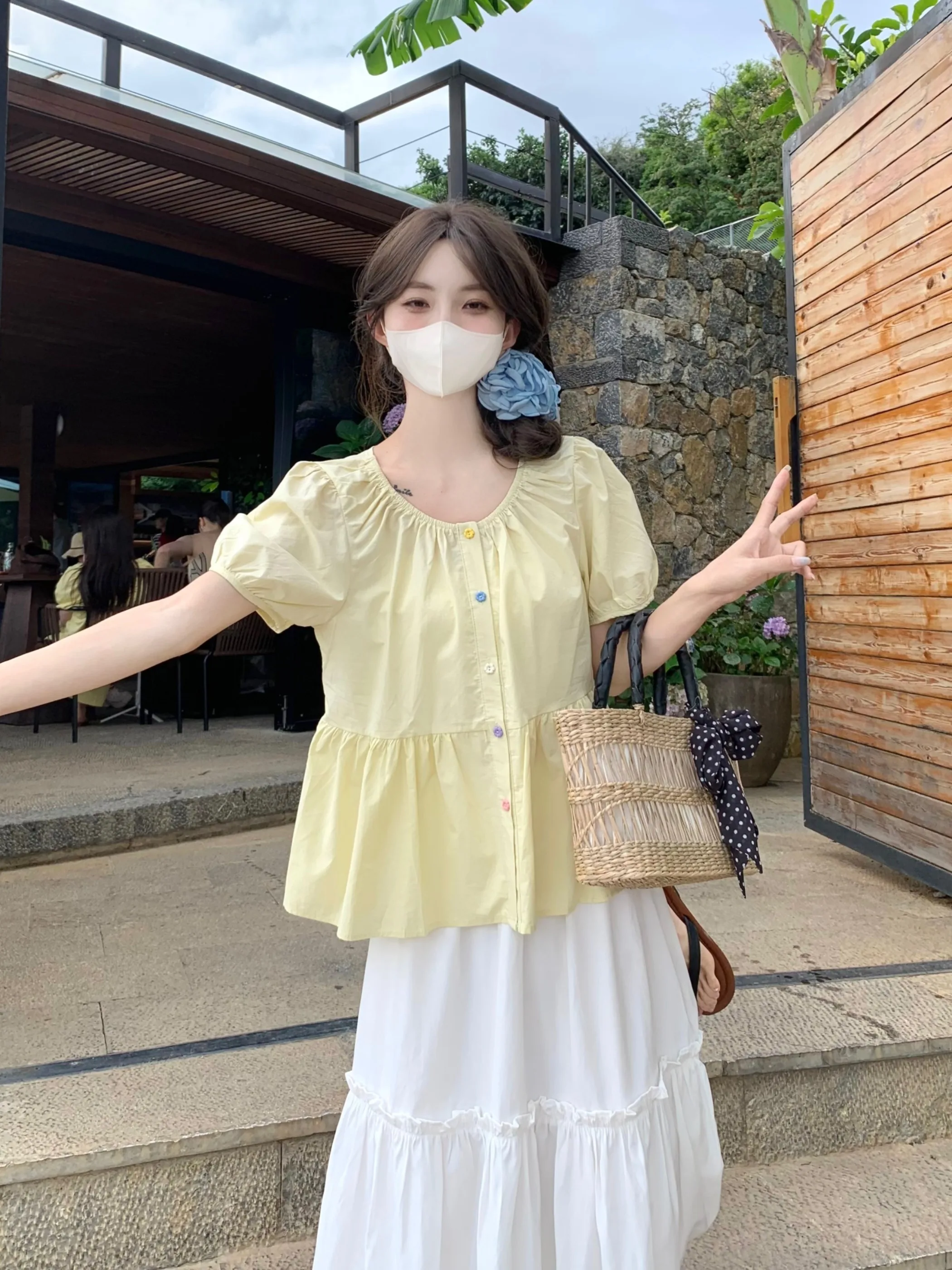 

Yellow Cotton Linen Bubble Sleeve Doll Shirt Women Summer Bright Outfit Matching White Half Skirt Short Sleeve Cotton Linen Top