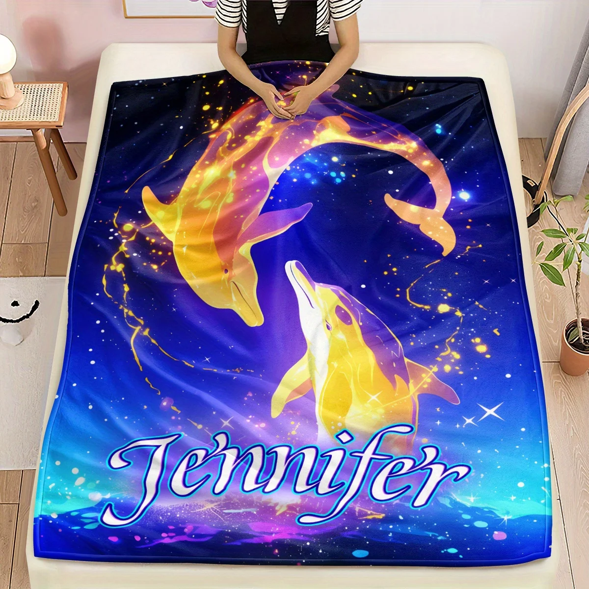 Flanelldecke im modischen Stil mit individuellem Namen und Fantasy-Delfin-Print, 100_ funktionelle Faser, geeignet für alle Jahreszeiten, Reißschutz