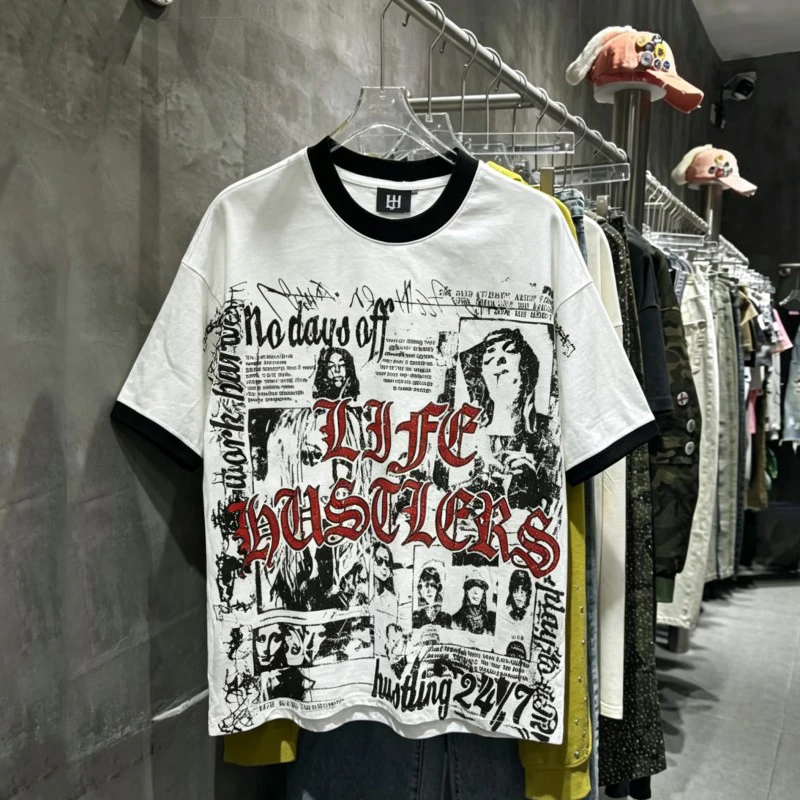 Red Rhinestone Letter Graffiti Portrait Full Print Retro Black Contrasting Edge Short Sleeve Life Hustlers Tshirt Men Women Tops