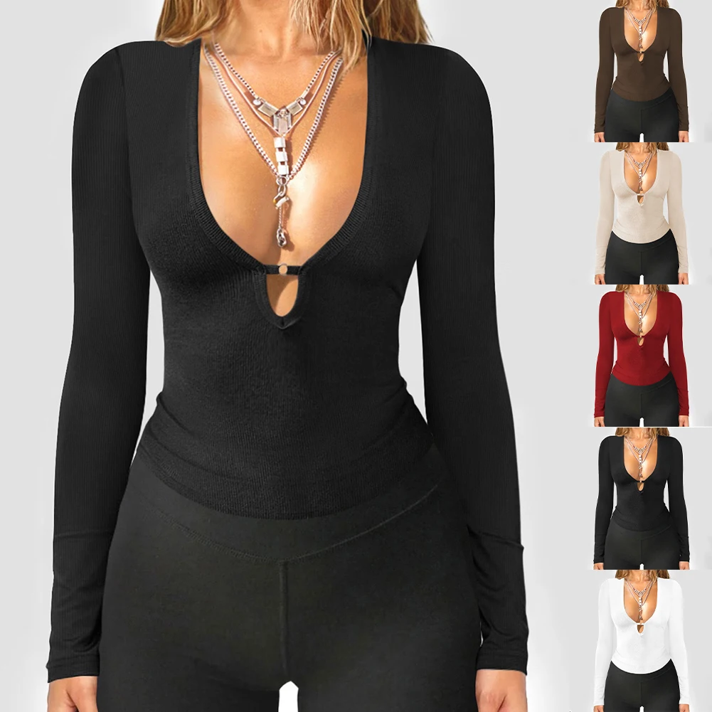 Slim Fit Crop Pullover Shirt for Women with Hollow Out Design Long Sleeves and Deep V Neck Suitable for Office Dating and Beach
