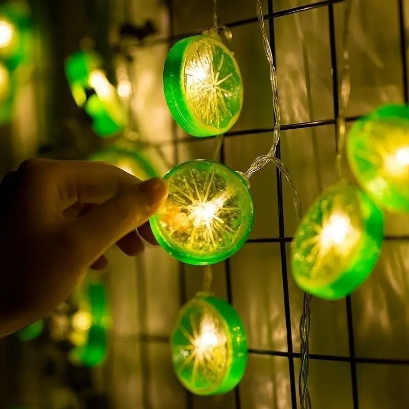 Green Lemon LED String Lights, atmosfera interior, decoração de Natal, luzes de bateria, festa, Happy New Year Room, 087