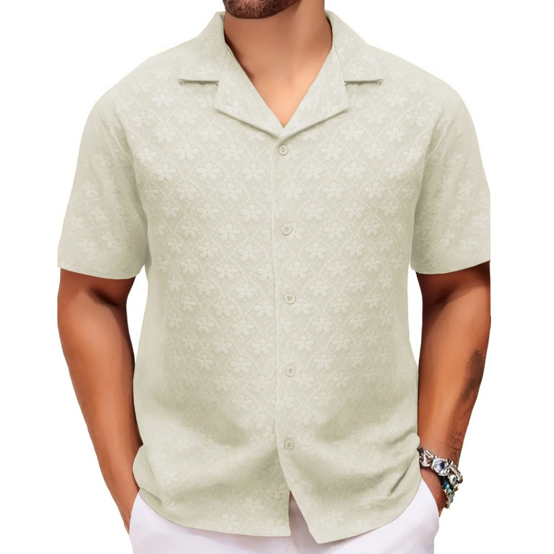 Summer Men's Casual Shirt Jacquard Fabric Lapel Short Sleeved Shirt Streetwear Men Clothing