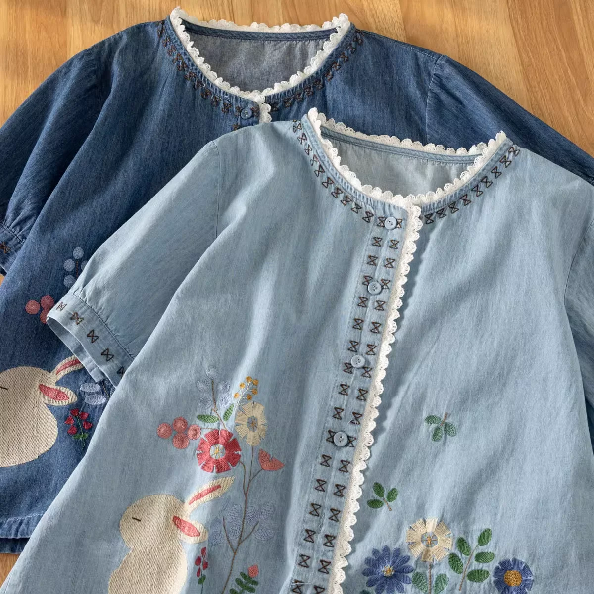 

2025 Mori girl summer Japan style chic floral embroidery denim shirts short sleeve blouses for women denim vintage top