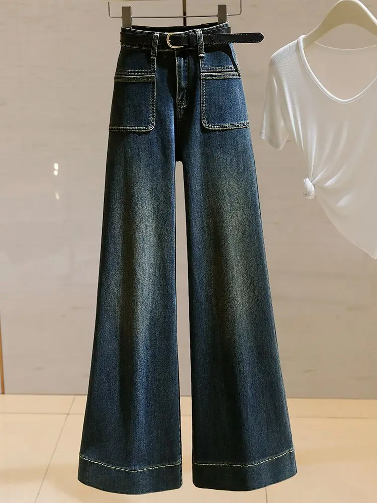 

Женские джинсы с высокой талией, широкими штанинами, свободного прямого кроя, в стиле ретро, эластичные, стройнящие, слегка расклешенные, осенняя новинка, глубокий цвет