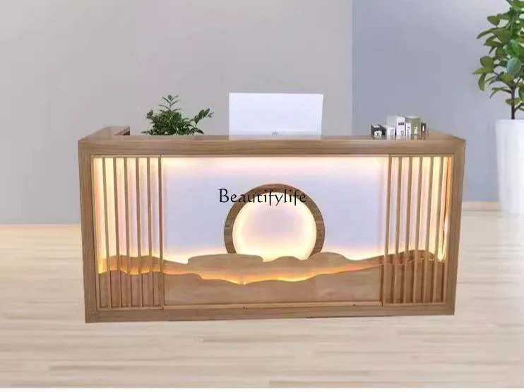 

New Chinese hotel checkout page Homestay Caier Foot Bath Health Center Retro solid wood front desk