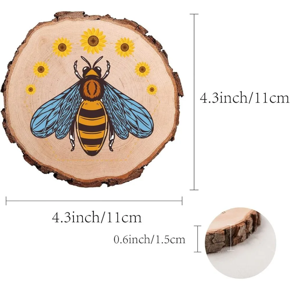 Bees Sunflower Printed Round Wood Slices 4.3 Inch Circular Rustic Wooden Undrilled Pieces Tree Trunk Discs Log Coaster Art Decor