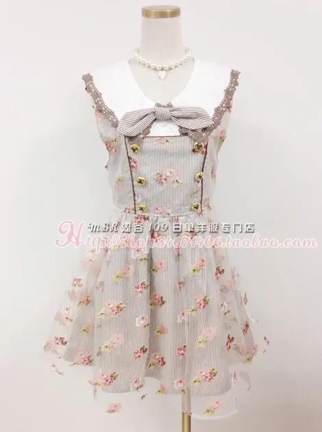 Mini vestido impresso floral do suspensor, Japão Liz Lisa algodão listrado com organza