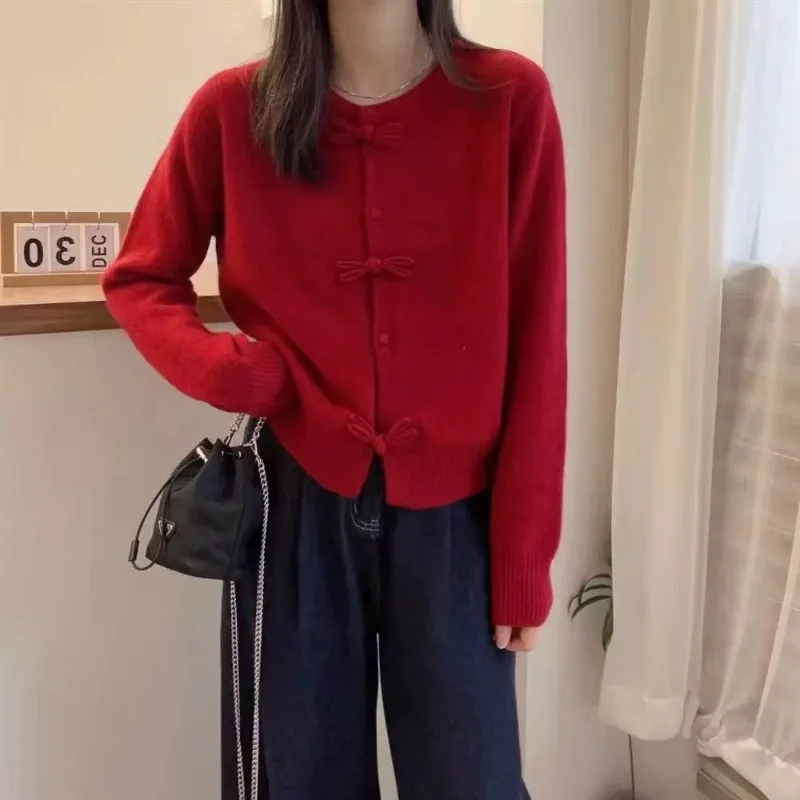 

Stylish Red Autumn Winter Elegant Knitted Cardigan with Traditional Chinese Buttons