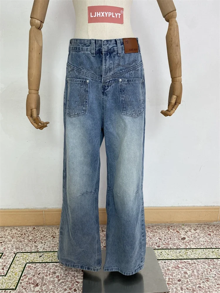 

Женские мешковатые джинсы с карманами и вышивкой, осенний стиль, широкие джинсовые брюки, женские брюки, которые можно носить с обеих сторон