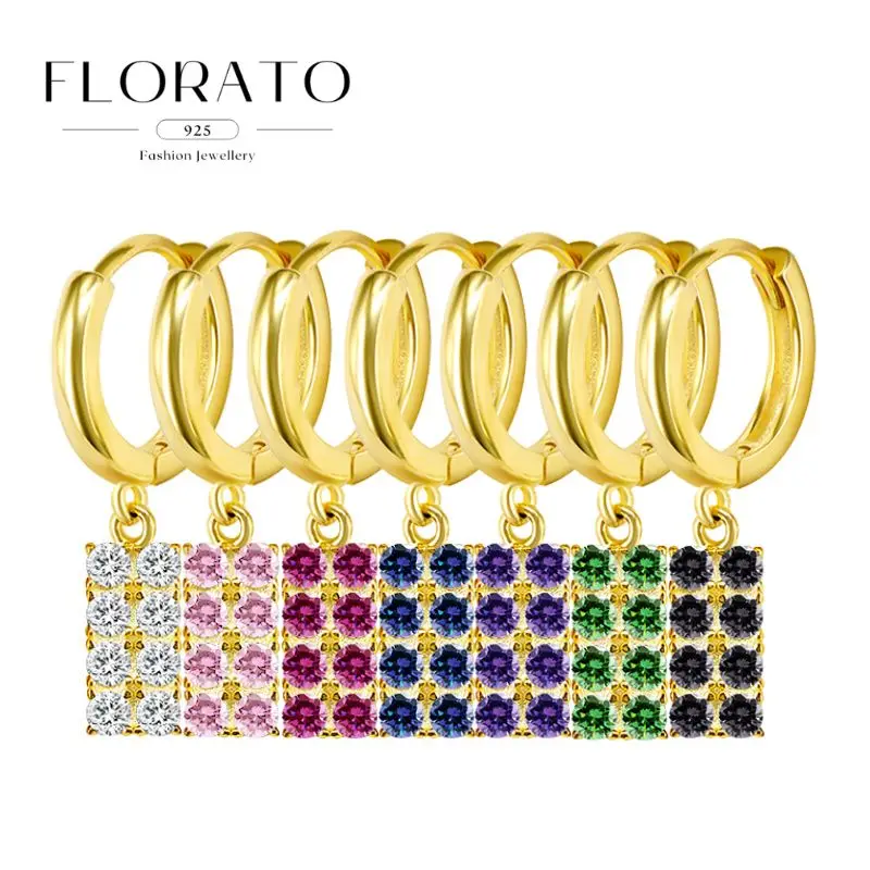 925 Silver Needle Multicolor Full Inlaid Zircon Rectangular Hoop Earrings For Women Luxury Crystal Earrings Fashion Jewelry
