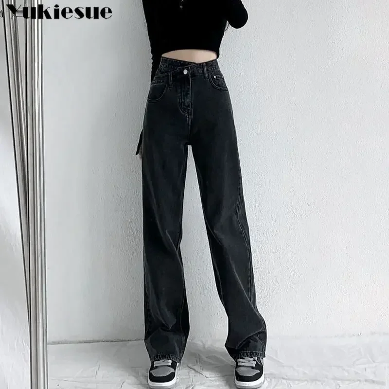Spring Autumn Women's New Fashion KoreanSimple Washed High-Waisted Cross-Belt Straight-Leg Jeans Vintage Loose Wide Leg Trousers