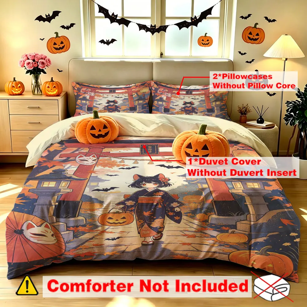 Halloween Duvet Cover Set 3Pcs Japanese Torii Cat Neko Lantern Print Soft Microfiber Bedding with Pillowcases view 2