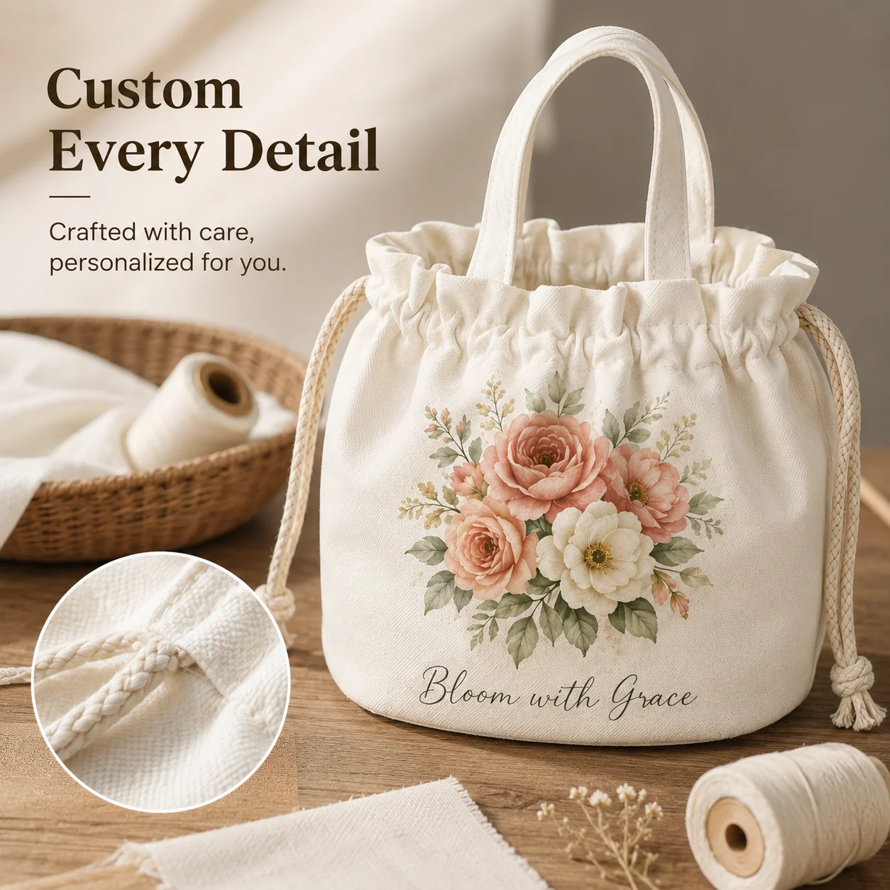 Custom Name and Photo Tote Bag Women's Drawstring Purse Personalized Fashion Shoulder Handbag