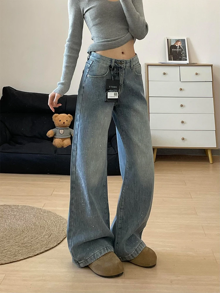 レトロな輝きのダイヤモンドストレートレッグジーンズ レディース 秋の新作 ハイウエストワイドレッグデニムパンツ 女性用通勤パンツ