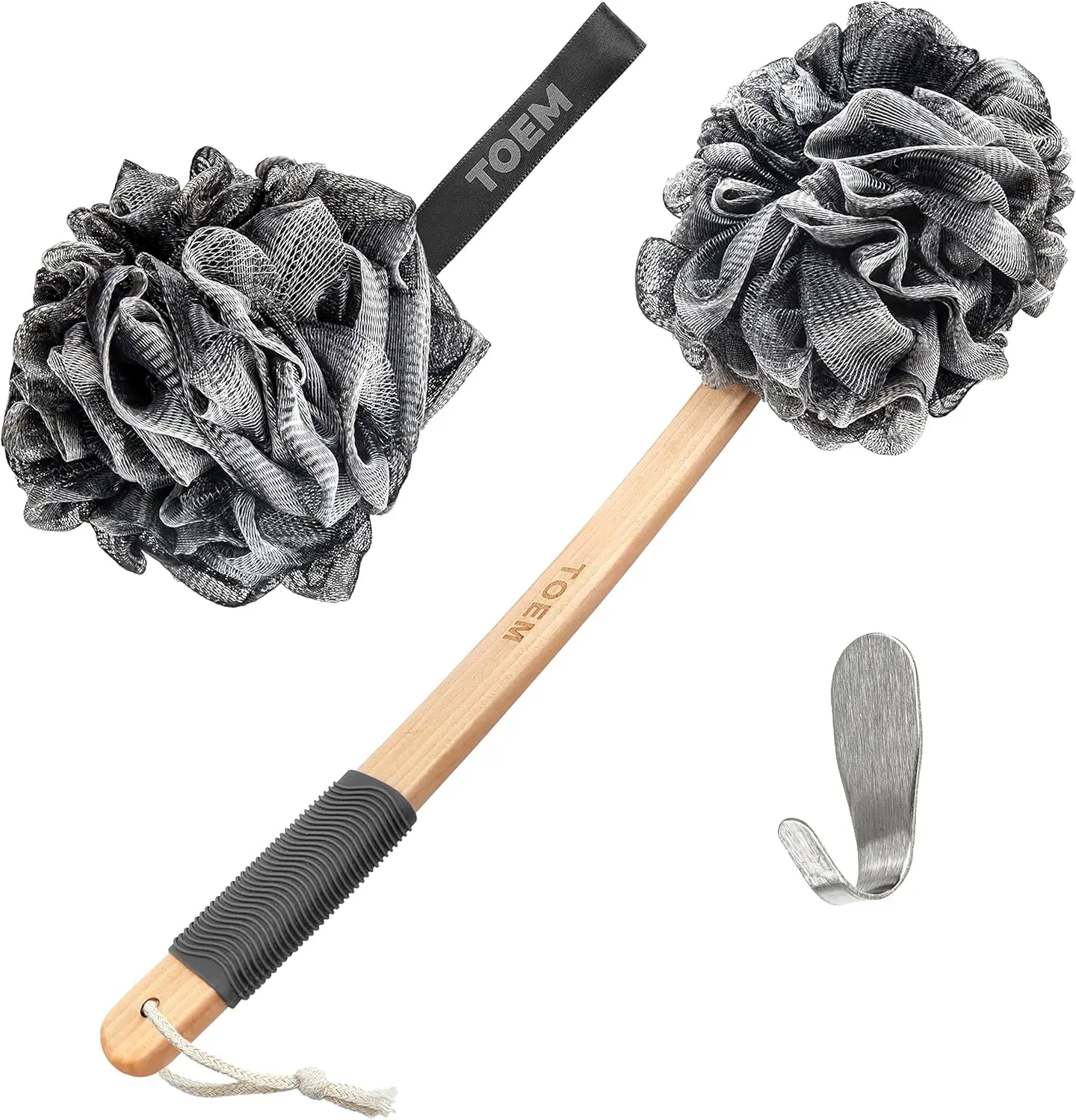 

Long Handle Back Scrubber Set with Bamboo Charcoal Fiber - Includes Shower Sponge, Luffa Pouf & Hook (Slate Grey)