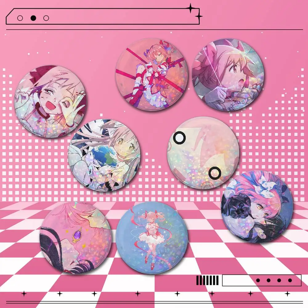 Madoka Magica 25/32/44/58/75mm Holographic Badges 2 Pcs Set Custom Round Button Pins Bag Clothes Accessories