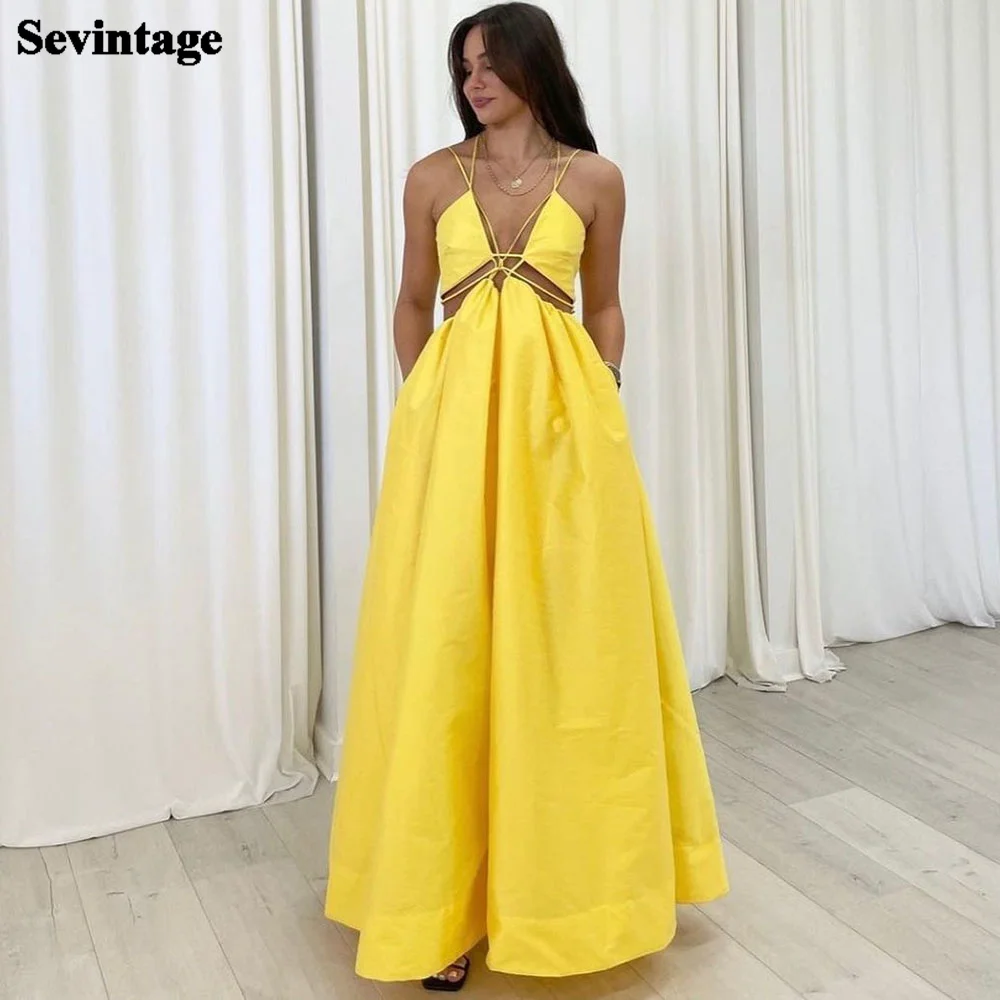 

Sevintage Sexy Yellow Satin Prom Dresses Cut-Out Spaghetti Strap Evening Dress 2022 Floor Length Special Party Gowns For Women