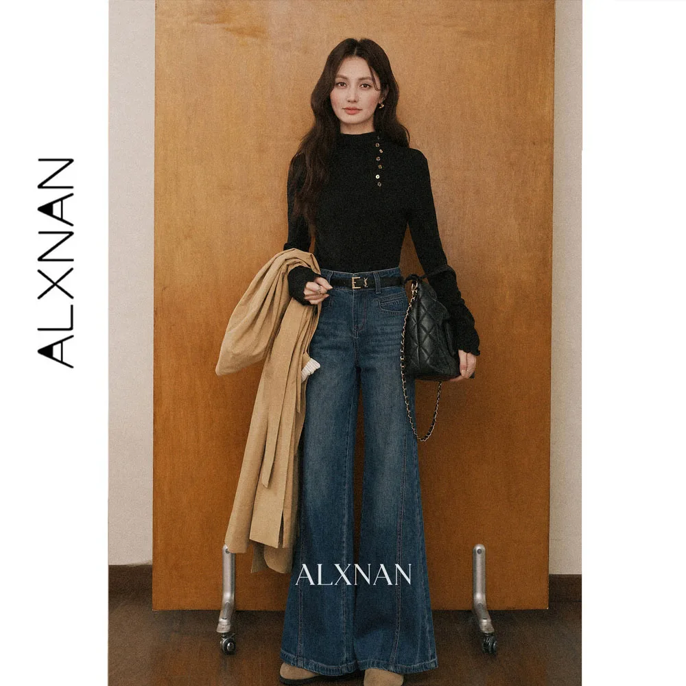 ALXNAN Vintage Flare Denim Blue Jeans Women Autumn 2026 Loose-fit Wide Leg Long Pants Fashion Elegant Female Jeans L677106A