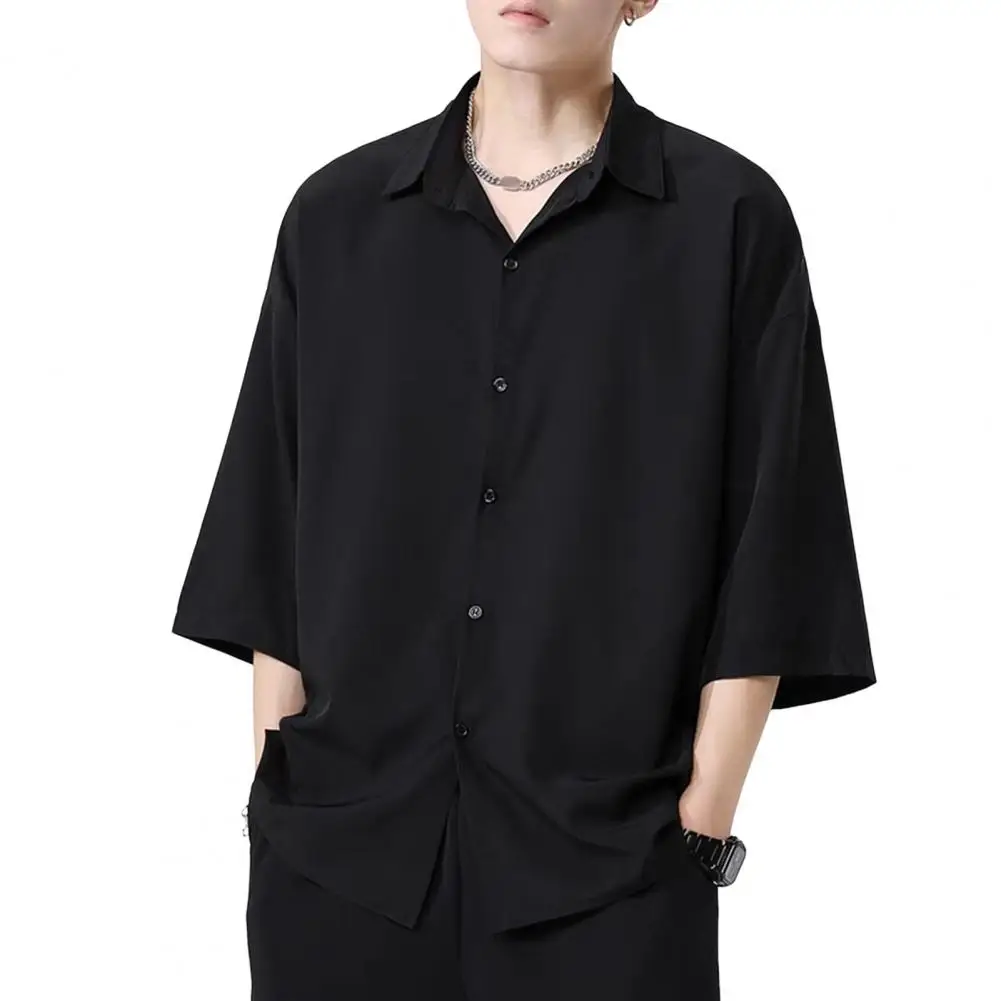 

Autumn Shirt Men's Casual Loose Fit Ice Silk Shirt with Turn-down Collar Half Sleeves Stylish Button-up Top for School Dating