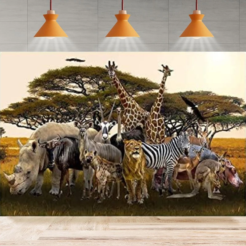 

Tropical African Forest Jungle Safari Scenic Photography Backdrop Animals Giraffe Lion Background Party Backdrop Wall Banner