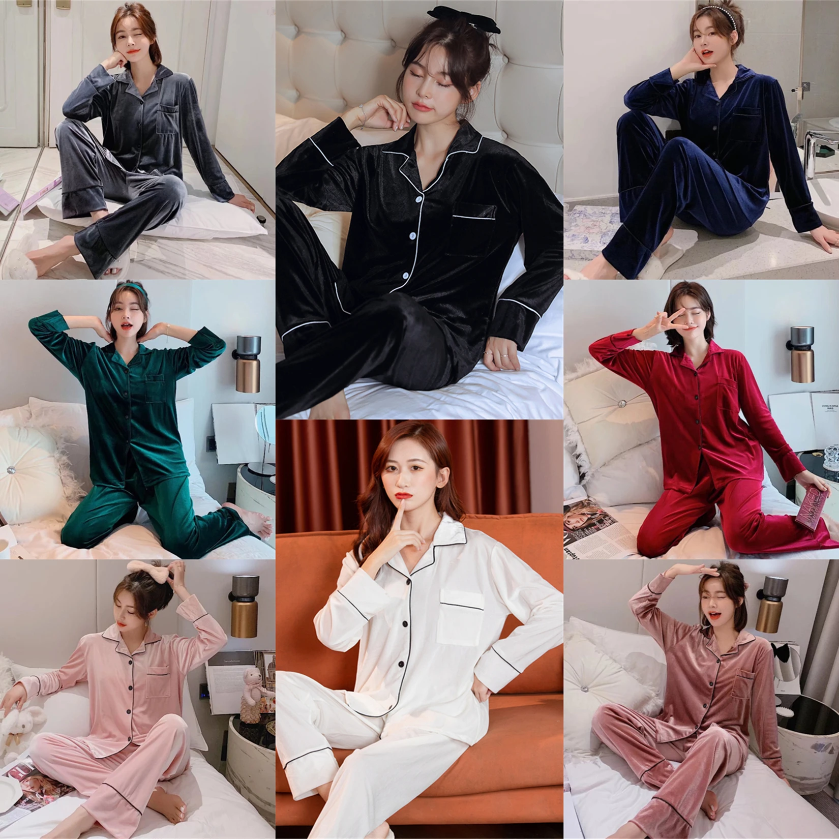 Autumn Winter Warm Pajamas Set Women Sleepwear Gold Velvet Homewear Sisters Soild Pijama Suit Women Thick Tracksuit Wear