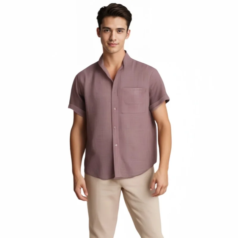 Summer Men's Solid Color Stand Up Collar Shirt Top Oversized Fashion Casual Short Sleeve Slim Fit Pocket Shirt