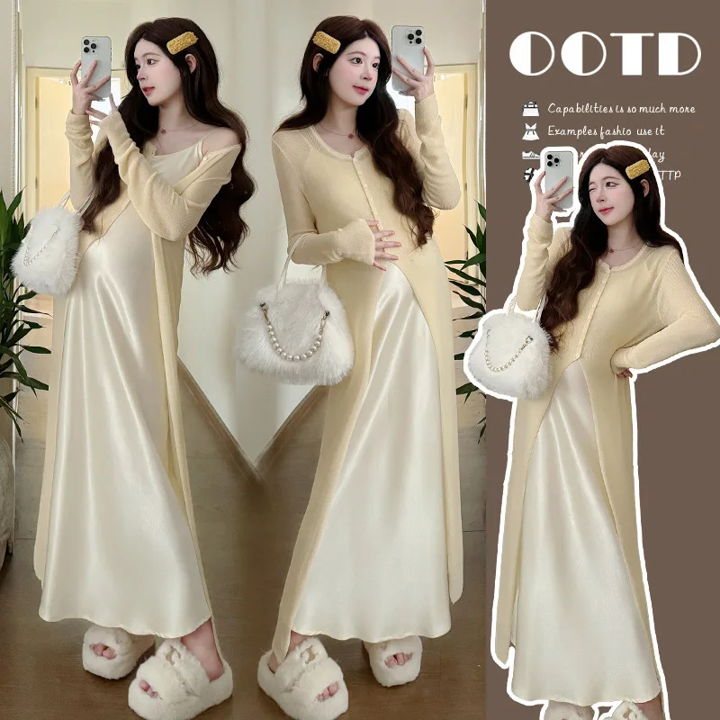 

2025 Luxury Knit Pregnancy Set Autumn Sleeveless Maxi Dress Cardigan Cover Up Two Piece Outfit Slimming Elegant Maternity Wear
