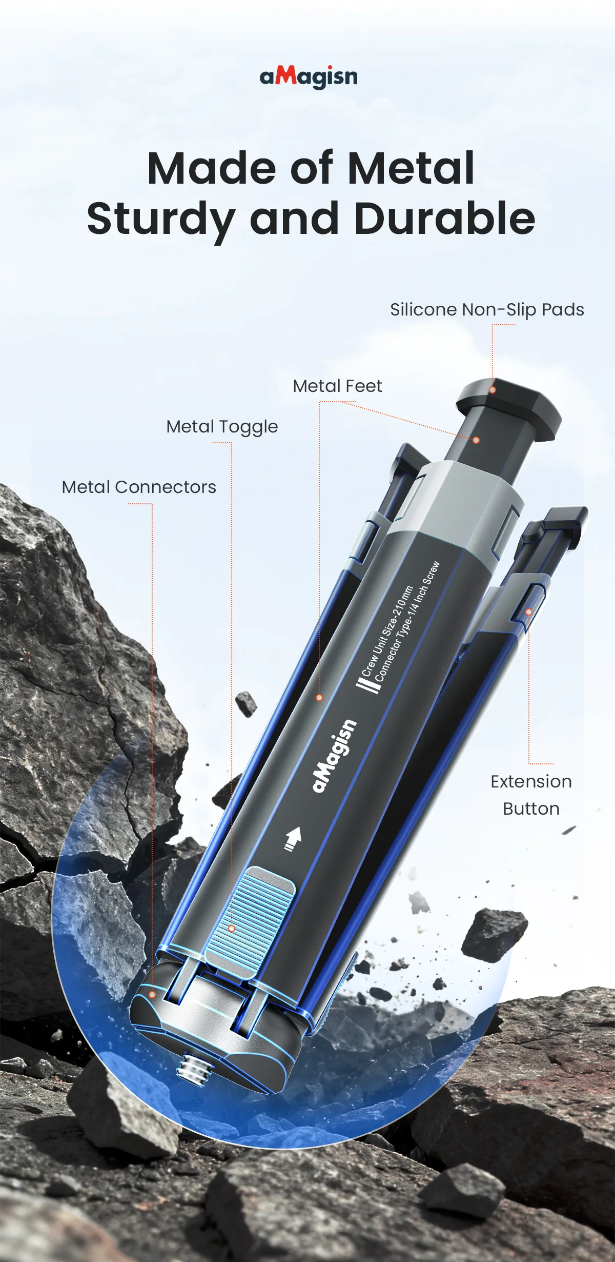 aMagisn Metall-Stativ mit Ausziehbaren Beinen in 2 Stufen, Stabilisierende Halterung für Insta360 X5 DJI Action 6 5pro GoPro 13 12 – Detail 3