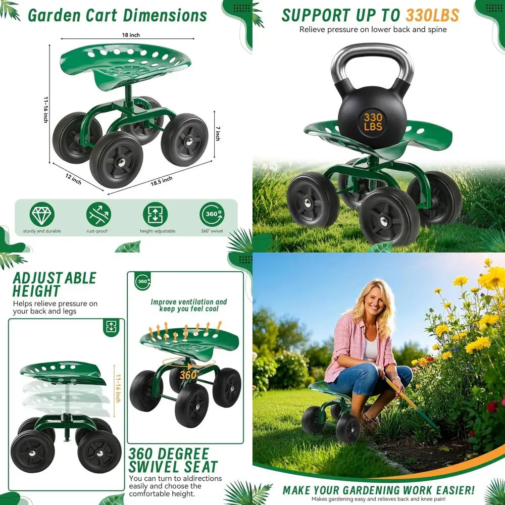 360° Swivel Garden Cart with Seat for Men & Women, Senior-Friendly Scooter for Outdoor Yard Work (Green)