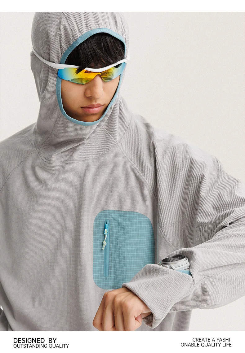 Unisex Leichtgewicht Waffelstruktur Hoodie Schnelltrocknend Langarm T-Shirt Atmungsaktiver Outdoor Sportlicher Pullover für Frühling Herbst – Detail 16