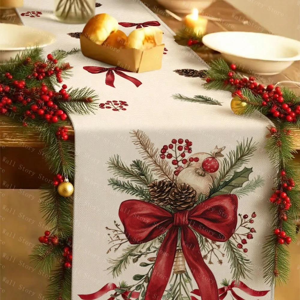 Rustic Christmas Table Runner Textured Background with Pine Garland Design Perfect Farmhouse Holiday Home Decor Table flag