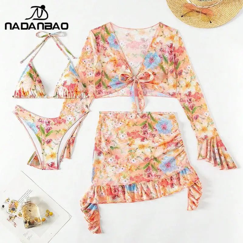 

Nadanbao New Sexy Print Bikini 4 Piece Bikini Set Women Floral Print Bikini Long Sleeve Ruffle Skirt Women's Clothing Summer